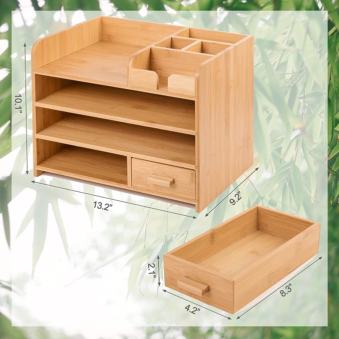 Bamboo Desktop Organizer with Drawers, Tabletop Storage Organization Box for Office Home Toiletries Supplies, 4 Tiers - Image 7