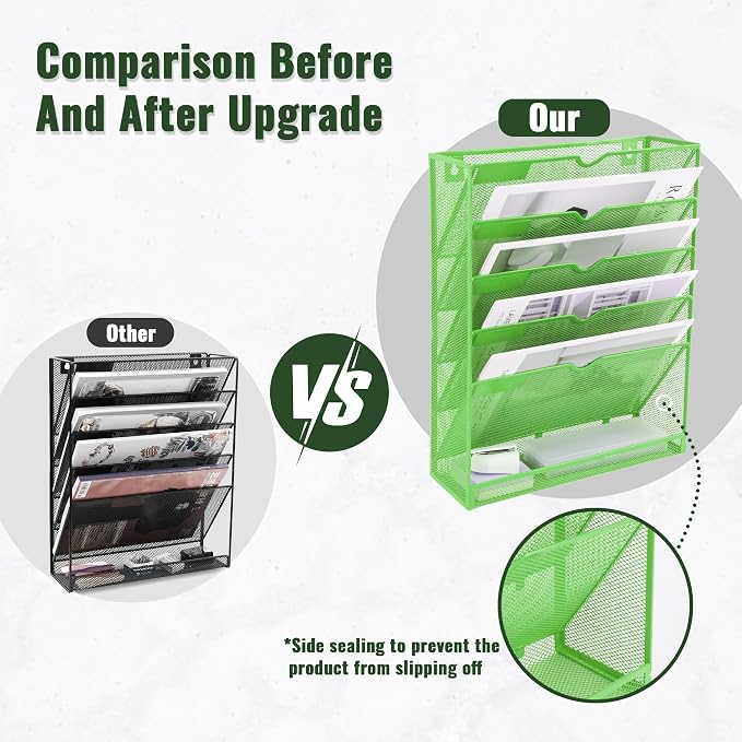 6 Tier Mesh Hanging Wall File Organizer, Desk Vertical Mail Paper Document Folder Holder Rack with Bottom Tray and Nametag Label for Office Home School, Green - Image 3
