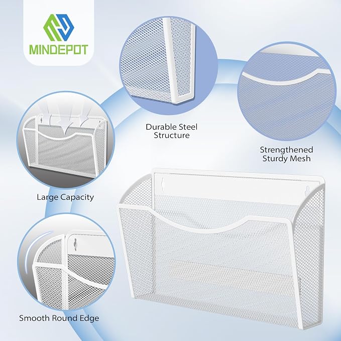 MINDEPOT Magnetic Wall File Organizer, Hanging File Holder, 3 Pack, White | Heavy Duty Iron, Powerful Magnet, Metal Mesh Wall Mount, Single Pocket, for Office School Classroom Home, Letter A4 Size - Image 4