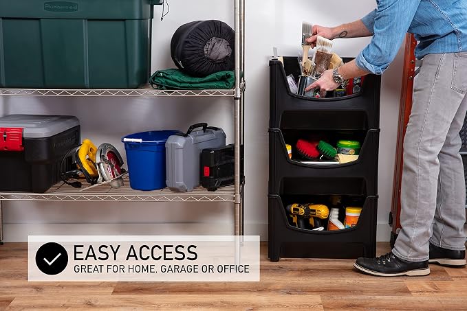 Mighty Tuff Jumbo Stackable Storage Bins, Pack of 3, Easy-Access Storage, Large Easy-to-Grip Handles, Wide Front Opening, Interlocking, Stack Vertically, Black - Image 4