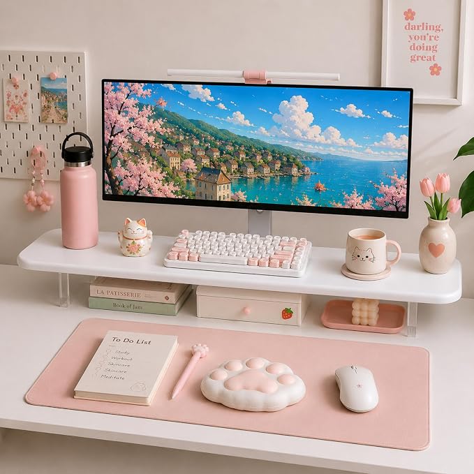 Bamboo Monitor Riser, Wide Desktop Monitor Stand for Desk with Clear Acrylic Legs, 31.5 x 8 inch Bamboo Wood Shelf, Fit Keyboard, Home Office Workspace Accessories, Study Stationaries Storage (White) by ThreeWayCut