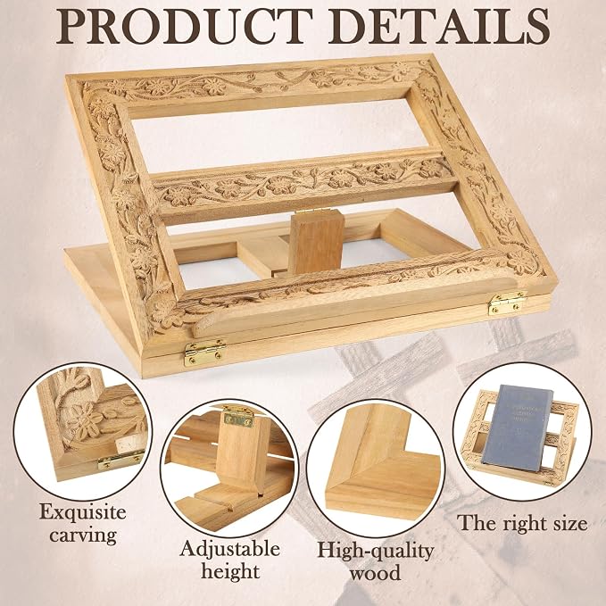 DoubleFill Adjustable Wooden Bible Stand Carved Bible Holder Missal Stand Book Display for Reading Folding Religious Prayer Wooden Holy Book Holder 12.99 x 10.04 Inches (Light Brown) - Image 3