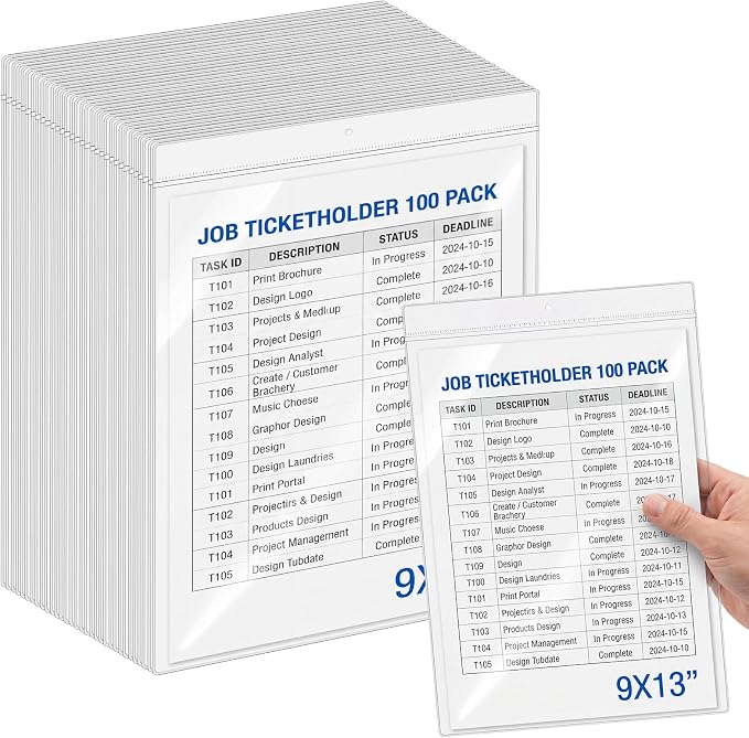 100 Pack Job Ticket Holders Bulk 9" x 12" Heavy Duty Dry Erase Pockets Clear Pocket Documents Sleeve Plastic Paper Job Ticket Holder Clear Sheet Protector for Shop Office Classroom Home by Unknown