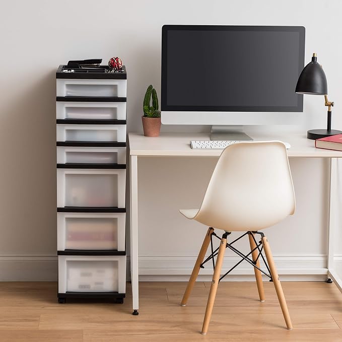 IRIS USA 7-Drawer Rolling Storage Cart, Black/Pearl | Keep craft supplies, office essentials, classroom items, and accessories organized with easy-access drawers for daily use - Image 2