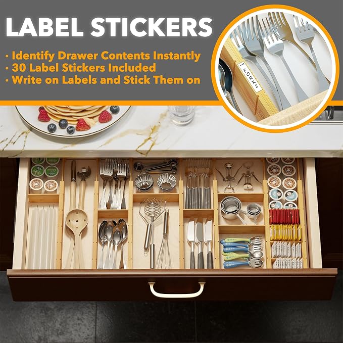 SpaceAid Bamboo Drawer Dividers with Inserts and Labels, Kitchen Adjustable Drawer Organizers, Expandable Organization for Home, Office, Dressers, 7 Dividers with 15 Inserts (17"-22" Natural) - Image 3