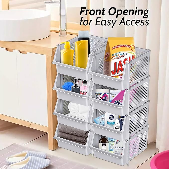 TidyFriend Stackable Storage Bins for Pantry - 8 Pack Stackable Bins for Organizing Food, Kitchen, and Bathroom Essentials (Light Grey) | Sturdy Plastic, Easy Stacking, Open Front Access, Ventilated Sides, Vertical & Space Saving Pantry Organizers and ... - Image 6