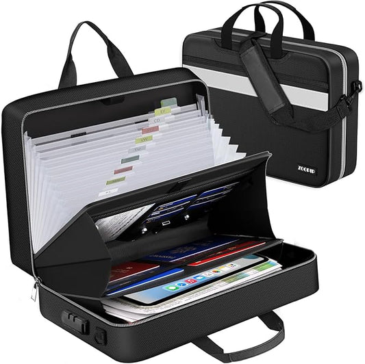 Accordion File Organizer with Lock, Fireproof Document Bag, Black | 13-Pocket Expanding Folder, Portable Safe Storage for Letter/Legal Size Document, White Reflective Strip, 16.1"×4.3"×12.6" by ZOOPIP