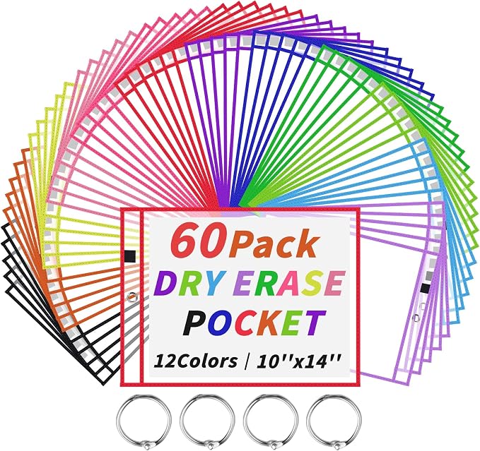 60 Packs Dry-Erase Pockets Bulk Oversized Reusable Dry Erase Pocket Sleeves with 4 Rings, 12 Assorted Colors 10x14 Ticket Holders, Clear Plastic Sheet Protectors, Teacher School Classroom Supplies by Oleitodh