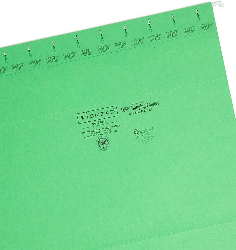 Smead TUFF Hanging File Folder with Easy Slide Tab, 1/3-Cut Sliding Tab, Letter Size, Green, 18 per Box (64042, Rod Color May Vary) - Image 6