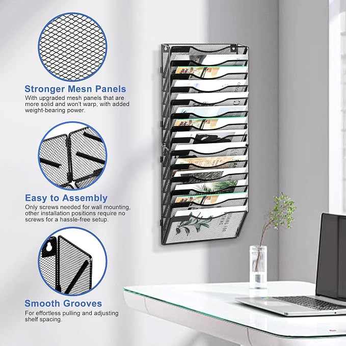 EasyPAG Wall File Organizer for Office 14 Pocket Mesh Wall Mounted Paper Organizer Hanging Folder Holder with Nametag Label for Home School, Black - Image 3