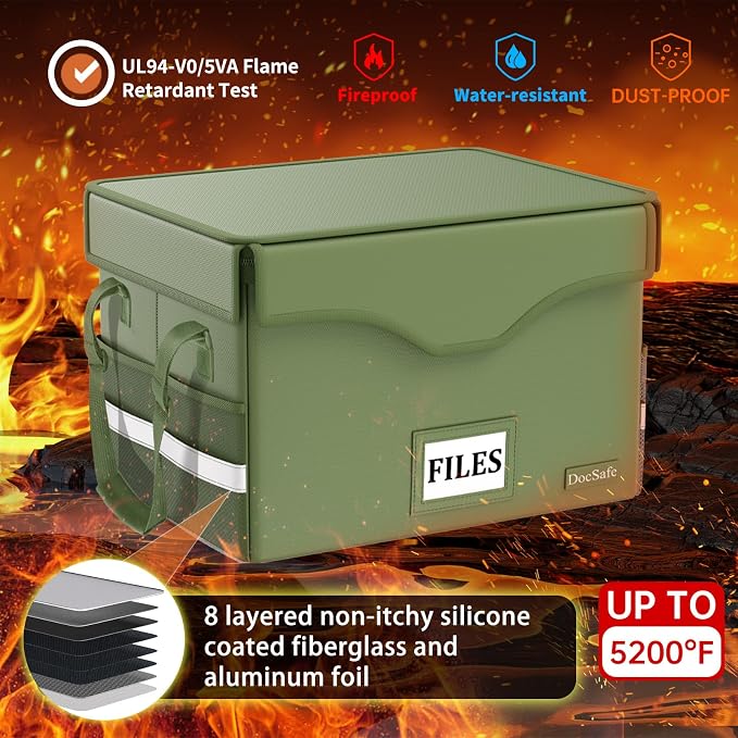 DocSafe 5200°F Fireproof Document Box with Lock,Heat Insulated File Organizer Storage with Pockets,Collapsible Portable Home Office File Safe Box with Handle for Hanging Letter/Legal Folders, Green - Image 3