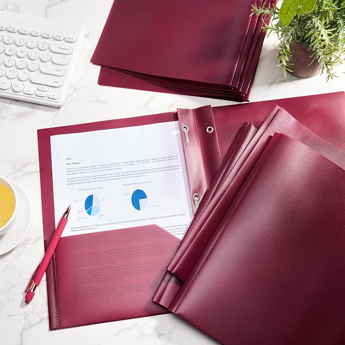 Cholemy 72 Packs Pocket Folders with Prongs Heavy Duty Plastic Folder with Business Card Slot 3 Prong Fasteners for School Office (Burgundy) - Image 4