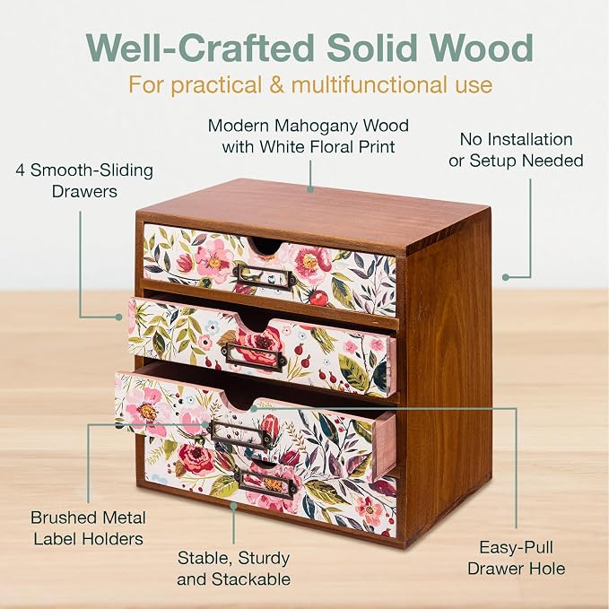 4-Drawer Vintage Desk Wood Storage Box With Drawers in Floral Chintz - Wooden Table Organizer I End Clutter & Dullness, Personalize Your Workspace - Beautiful Flower Design for Office & Home - Image 9