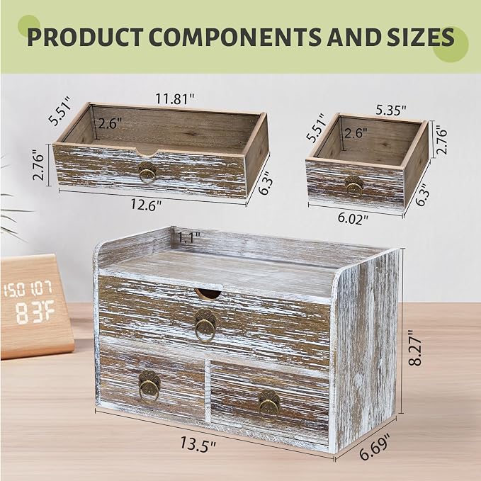 Wood Desk Organizer with Drawer, Washed Brown Wooden Desktop Organizer, Tabletop Storage Organization Box for Countertop, Home Office Supplies (3 Drawer and Shelf) - Image 3
