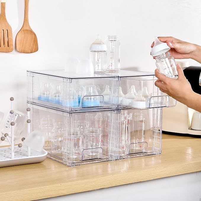 Vtopmart 6 Pack Clear Stackable Storage Drawers,Easy to Assemble Bathroom Organizers and Storage with handles,Plastic Drawers for Kitchen Pantry,Cabinet,Under Sink Organization - Image 2