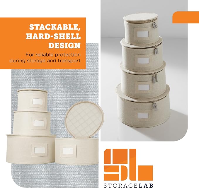 4-Piece China Plate Storage Set | Hard Shell Dividers | Cream | 4 Hard Shell Plate Cases - Dinner, Salad, Dessert & Saucer, 12 Plates Each. Felt Dividers, Stackable. Cream Finish. - Image 4