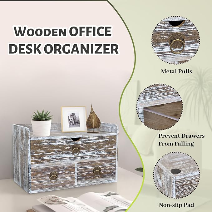 Wood Desk Organizer with Drawer, Washed Brown Wooden Desktop Organizer, Tabletop Storage Organization Box for Countertop, Home Office Supplies (3 Drawer and Shelf) - Image 5