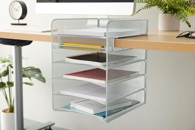 Safco Onyx Hanging Desktop Organizer with 5 Horizontal Trays, Under-Desk Storage. Fits Tables 1.75" Thick and Under, Silver - Image 4