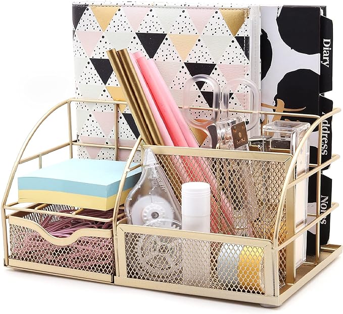 Exerz Desk Organizer Metal Mesh 7 Compartments Office Tidy Caddy Gold | Compact Gold Metal Mesh Design with Drawer and Multi Size Sections for Pens Notes Papers and Home Office Items by Exerz