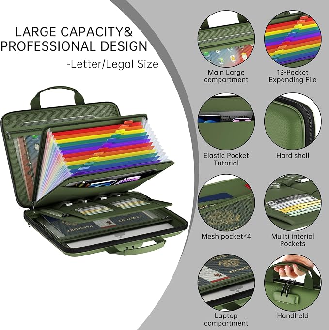 Fireproof File Organizer with Lock, Hard-Shell Document Box, Green | Water Resistant, 13-Pocket Expanding Folder, Portable Safe Storage for Letter Legal Files, Laptop, Valuables, Large Capacity - Image 4
