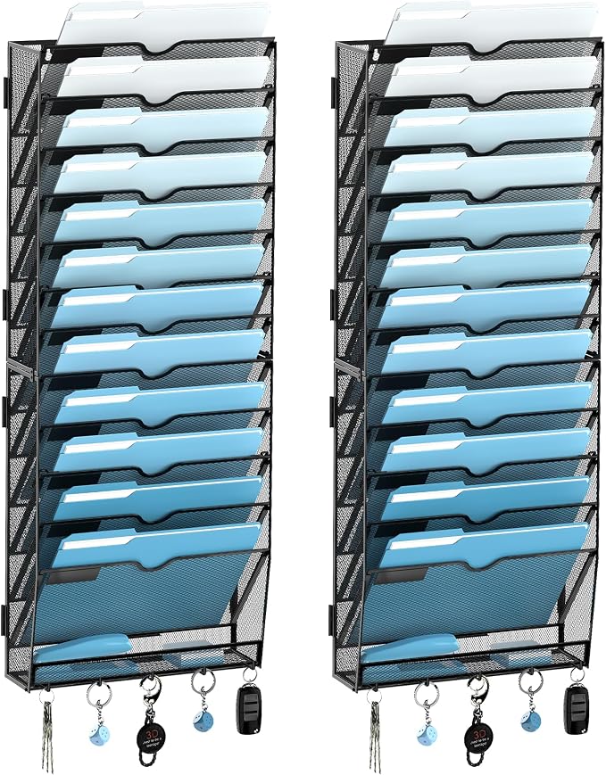 13-Tier Hanging Wall File Organizer with Hooks, 2 Pack | Mesh Wall File Holder, Mail Organizer Wall Mounted for Papers, Documents, Folders and Magazines in Home Office, Classroom by SUPEASY