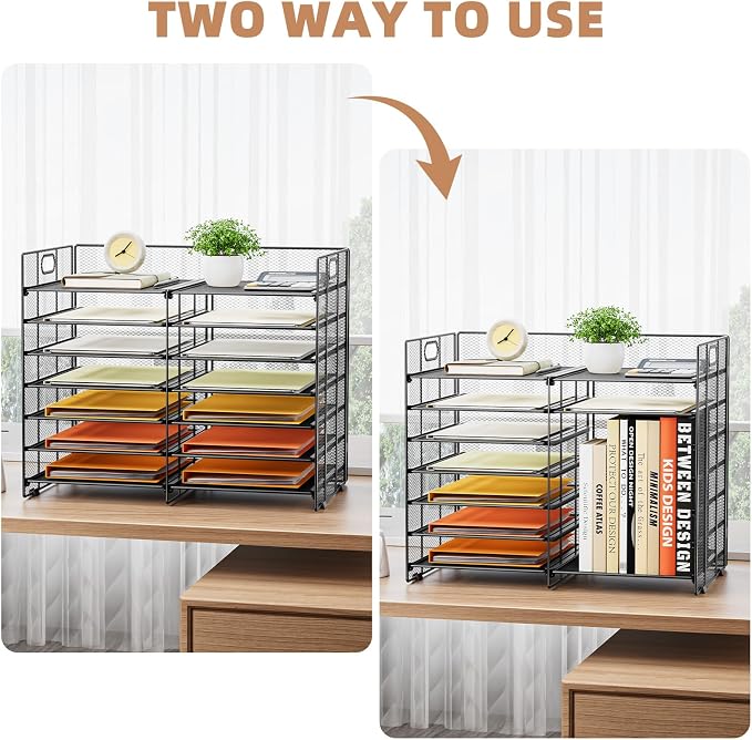 Marbrasse 12 Slots Desktop Literature Organizer, 7-Tier Mesh Paper Organizer for Desk, Adjustable Mail File Sorter Tray with Handle, Desktop Classroom Mailbox Cabinet for Office Home School, Black - Image 6