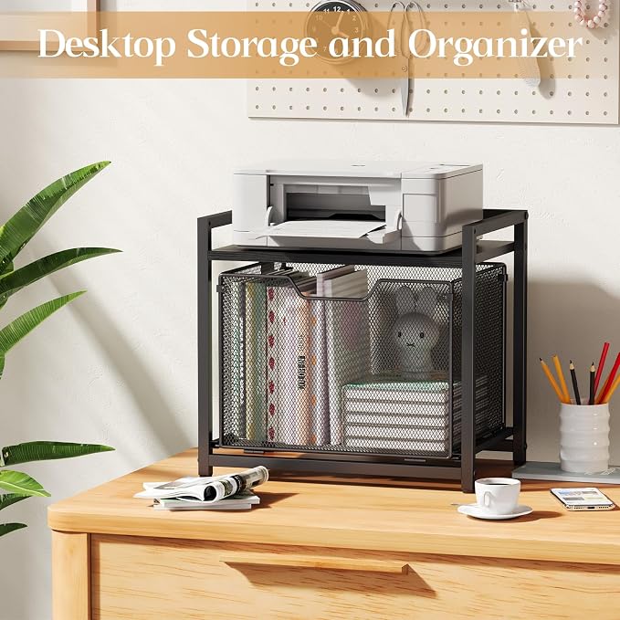 JKsmart Under Desk Storage, Printer Stand with Drawer, Rolling File Cabinet with Adjustable Table Top, 2 Tier Industrial Shelf on Fixed Feet Wheels, Sofa Side Table Organizer for Home, Office, Black - Image 6