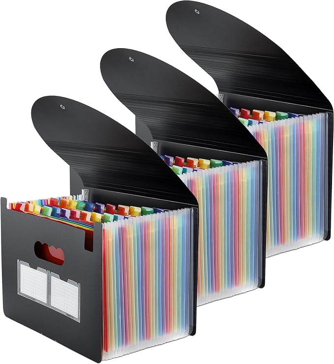 3 Pack Expanding File Folder, 24 Pocket Accordian File Organizer A4 Letter Size Portable Document Organizer with Colored Tabs, Expandable Desktop Accordion Folder -Black by MAIMIS