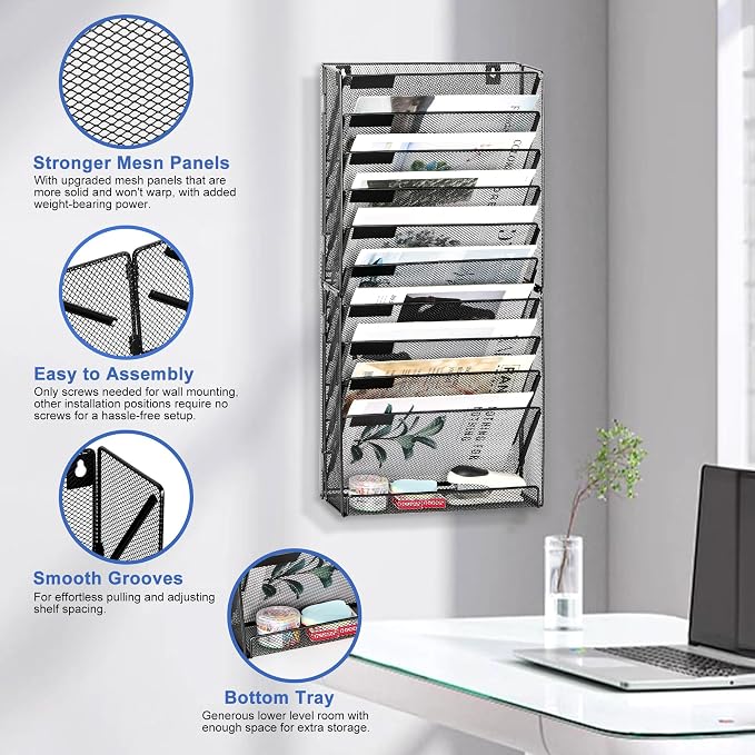 EasyPAG Wall File Holder 10 Tier Mesh Hanging Folder Organizer with Flat Tray Wall Mounted Mail Organizer Magazine Paper Desk Shelf with Nametag Label for Office Home School, Black - Image 2