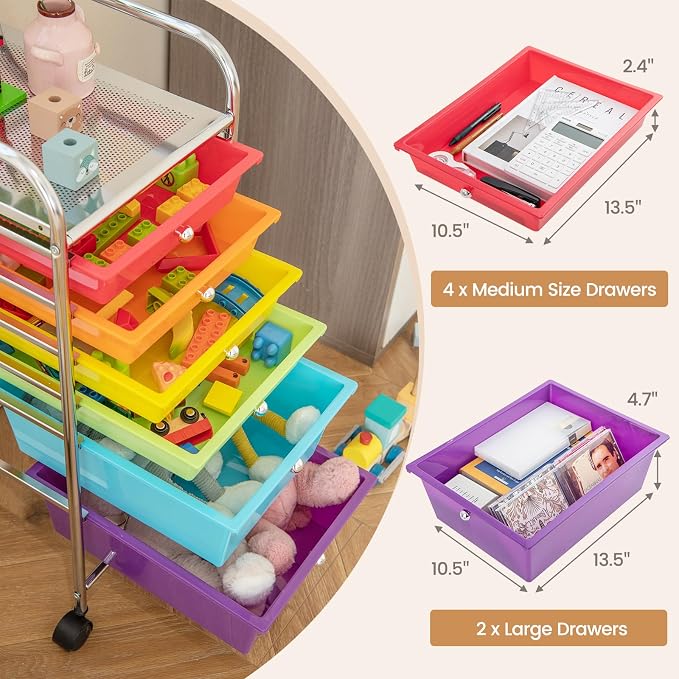 COSTWAY 6-Drawer Rolling Storage Cart, Art Craft Tools Organizer on Wheels | Multifunctional Heavy Duty Utility Mobile Storage Trolley w/ 2 Lockable Wheels for Home Office School (Multi-color) - Image 5