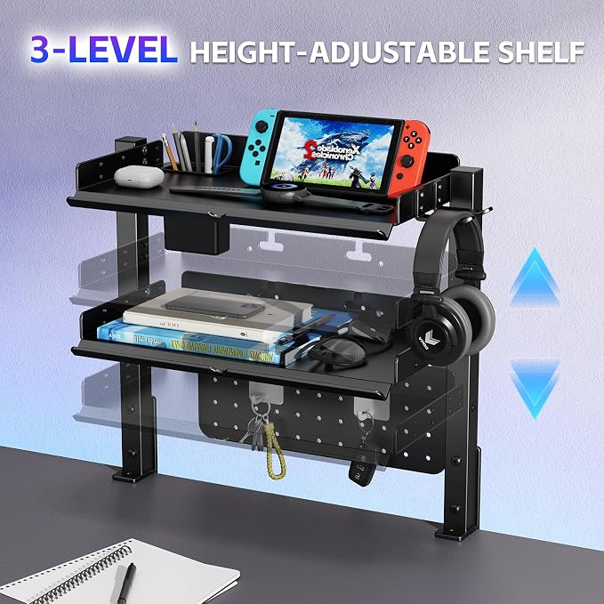 Metal Clamp On Desk Shelf,Storage Shelves with Pegboard and Pencil Holder | 2-Tier Adjustable 16 inch Above or Under Heavy Duty Desktop Organizer with Headphone Holder for Desk Accessories (Black) - Image 5