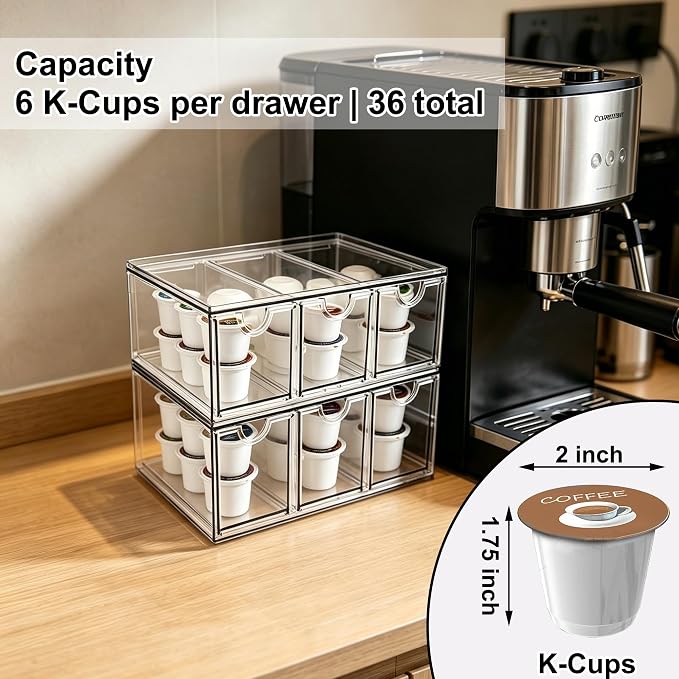 Prsildan Tea Bag Organizer K Cup Holder Drawer Coffee Pods Storage, 2 Pack | Clear Acrylic, Stackable, Pull Out, For Kitchen Office Craft Art Supplies Hair Accessories Makeup Small Items - Image 4