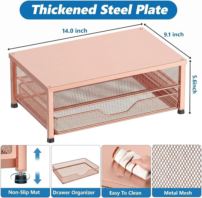 Computer Monitor Stand Riser, Desk Organizer with Drawer, Printer & Laptop Stand, Office Desk Accessories & Workspace Desktop Organizers Storage for Office Supplies(Rose Gold) - Image 5