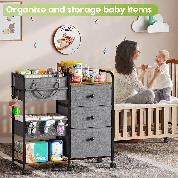 Cidaziya 2In1 Baby Diaper Caddy Organizer and Storage, 3 Tier Rolling Cart with Dividers and Drawers, Mobile Utility Cart Baby Dresser Clothes Organizer for Changing Table, Crib Nursery, Bedroom, Grey - Image 5