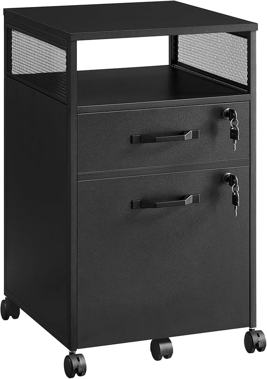 VASAGLE File Cabinet, Mobile Filing Cabinet with Wheels, 2 Lockable Drawers, Open Shelf, for A4, Letter Size, Hanging File Folders, Ink Black UOFC077B16