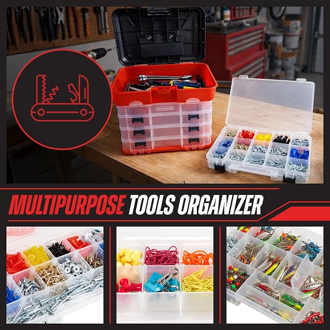 Small Parts Organizer Box - 11-Inch Portable Storage Case with 4 Removable Multi-Compartment Trays for Screws, Beads, Small Fishing Tackle, Hardware, and Craft Supplies by Stalwart (Red) - Image 5