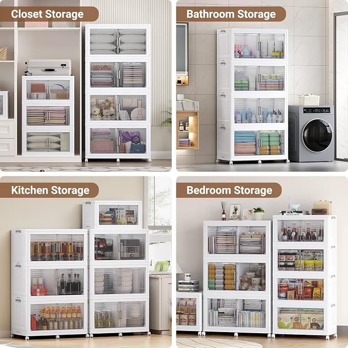 BROVIEW 324 Qt Stackable Storage Bins Foldable Cabinet, V40 White 3-Pack | Extra Large Collapsible Storage Bins with Lid Doors Wheels Dividers, Closet Organizers and Storage Drawer for Home Office - Image 6