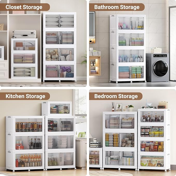 BROVIEW 800 Qt Stackable Storage Bins Foldable Cabinet, V40 White 4-Pack | Extra Large Collapsible Storage Bins with Lid Doors Wheels Dividers, Closet Organizers and Storage Drawer for Home Office - Image 6