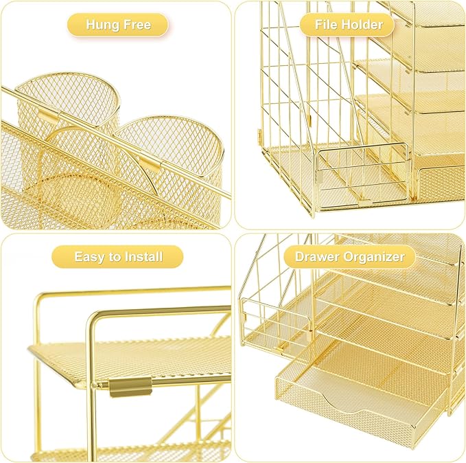 Marbrasse Rose Gold Desk Organizer with File Holder, 5-Tier Paper Letter Tray Organizer with Drawer and 2 Pen Holder, Mesh Desktop Organizer and Storage with Magazine Holder for Office Supplies - Image 4