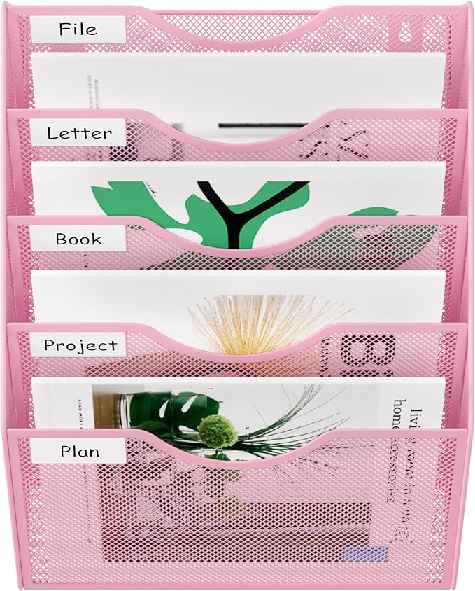 EasyPAG Wall File Organizer 5 Tier Hanging Paper Folder Holder, Zero Assembly Metal Mesh Wall Mounted Mail Organizer for Office Home Classroom Narrow Spaces, Pink - Image 6