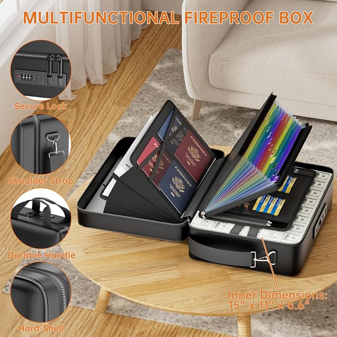 ENGPOW Fireproof Document Box with Lock & 13 Pockets Accordion File Folder | Hard Case File Organizer Home Safe Box with Multi Pockets,Protects Important Documents,Certificates,Laptop,Passports,Black - Image 5
