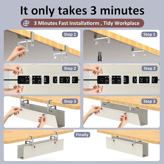 36" Under Desk Cable Management Tray for Home Office, No Drill Cord Organizer for Glass & Wood Table, Anti-Sag Oxford Fabric Wire Management Hider, Fits Surge Protector (Beige, 35.8") - Image 4