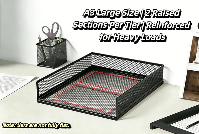 A3 Mesh Desk File Organizer, Stackable Paper Tray，Desktop Document Sorter, File Storage, 3/4/5-Tier Paper Letter Tray Organizer, Desk Accessories & Workspace, Black (4 Tier-Landscape-White) - Image 8