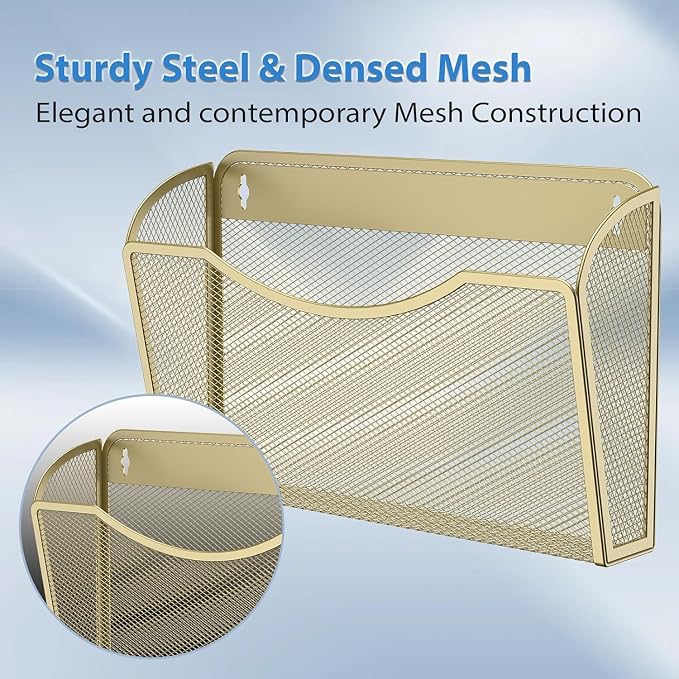 MINDEPOT Wall File Organizer, Hanging Wall File Holder, 2 Pack, Gold | Heavy Duty Iron, Metal Mesh Wall Mount, Single Pocket, Mail Organizer, for Office School Classroom Home, Letter A4 Size - Image 5