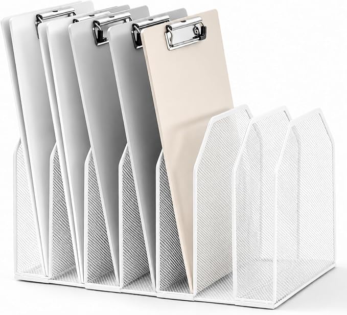 Sliner 1 Pcs 7 Slot Metal Clipboard Holder for Desk, File Organizer, White | Vertical Classroom Clipboard Holder, Mesh File Storage Rack, Wire Document Sorter for School Teacher Home Office Supplies by Sliner