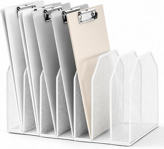 Sliner 1 Pcs 7 Slot Metal Clipboard Holder for Desk, File Organizer, White | Vertical Classroom Clipboard Holder, Mesh File Storage Rack, Wire Document Sorter for School Teacher Home Office Supplies by Sliner