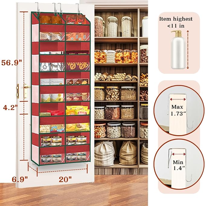 Over The Door Organizer 5 Tiers Extra Large Behind Door Storage of 10 | 80 lbs Weight Capacity Hanging Storage Organizer with Clear Window Kids Toys, Shoes, Diapers, Red - Image 3