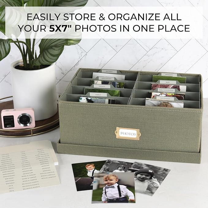ZICOTO Decorative Photo Storage Box - Sturdy Linen Photo Organizer with Dividers is Perfect to Store Up to 1700 Pictures and 5x7 Photos - Portable Scrapbook Storage Containers with Lid - Image 2