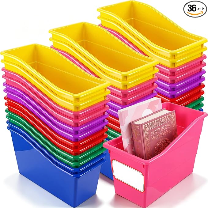 Teling 36 Pcs Book Bins Bulk for Classroom Storage Plastic Magazine Holder with Label Interlocking File Folder Organizer Binder Container Box for School Office Desktop Bookshelf Home (Rainbow Bright) by Teling