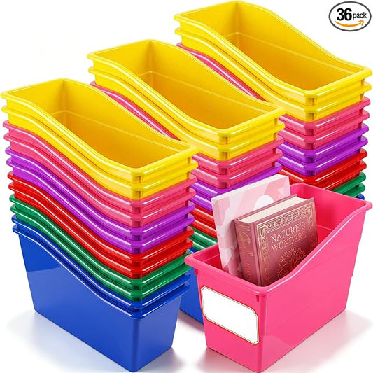 Teling 36 Pcs Book Bins Bulk for Classroom Storage Plastic Magazine Holder with Label Interlocking File Folder Organizer Binder Container Box for School Office Desktop Bookshelf Home (Rainbow Bright) by Teling